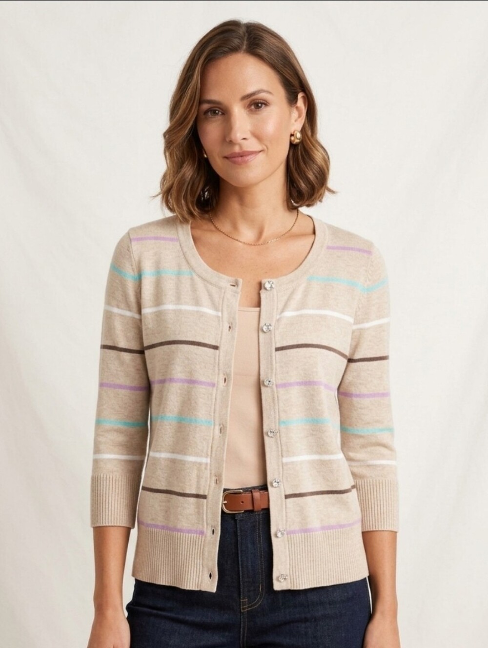 Christopher & Banks Beige Striped Button-Front Cardigan with Pastel Accents